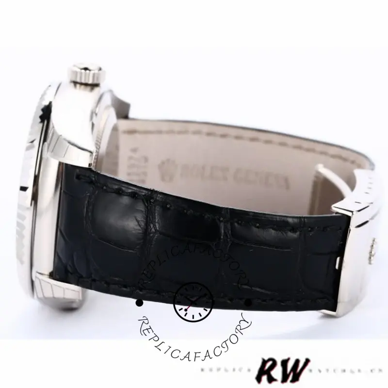 Rolex Sky-Dweller 326139, side view showing black leather strap and clasp profile.