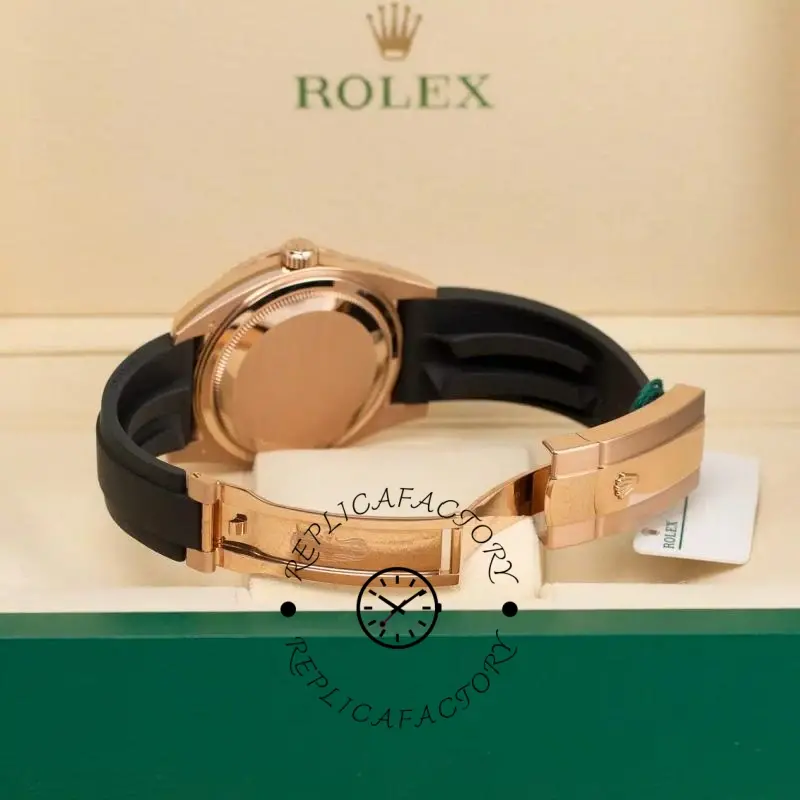 Rear view on Rolex box, Rolex Sky-Dweller m336235 0002 showing caseback and clasp.