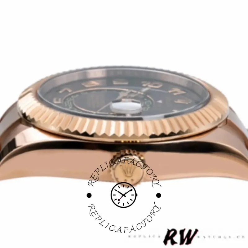 Side profile of Rolex Sky-Dweller 326935, showing fluted bezel edge and crown.