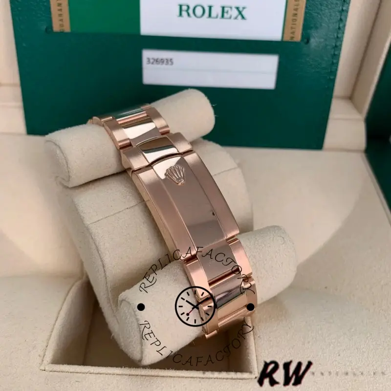 Rolex Sky-Dweller 326935, bracelet and clasp view on cushion with Rolex card background.