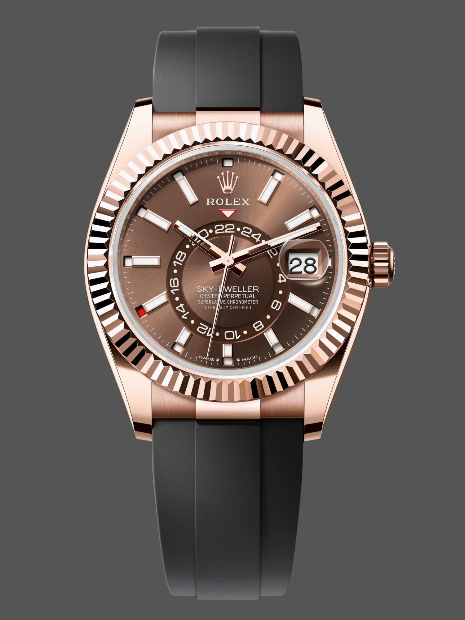 Front view of Rolex Sky-Dweller m336235 0002, rose gold case with chocolate dial on black Oysterflex. - Front view