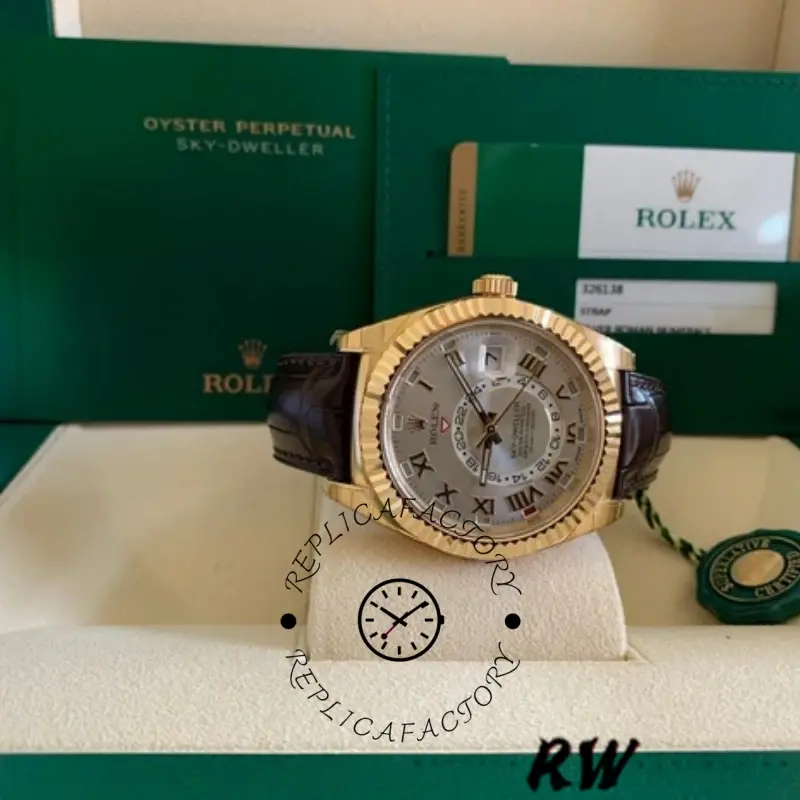 Rolex Sky-Dweller 326138 Sunray Silver Dial Yellow Gold 42MM Mens Replica Watch