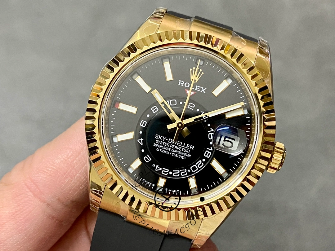 Handheld front view of the Rolex Sky-Dweller m336238 0002 showing dial details on black strap.
