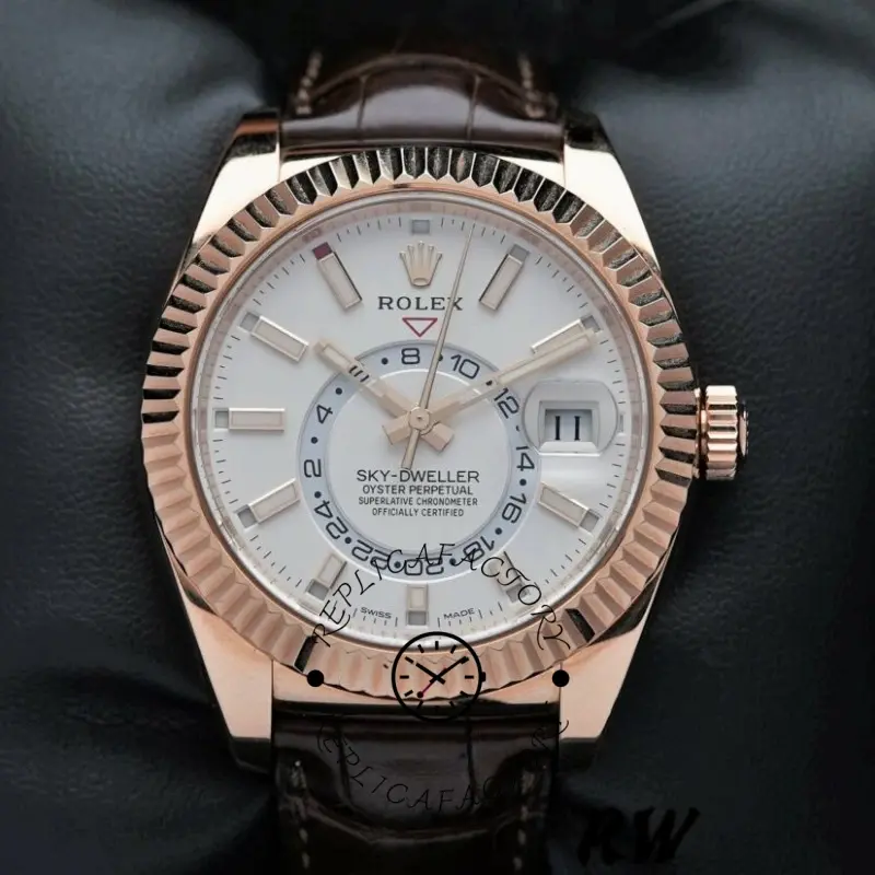 Close-up of Rolex Sky-Dweller 326135, showing white dial and rose gold fluted bezel.