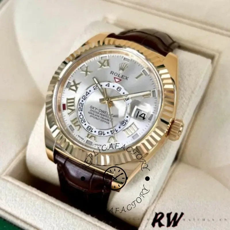 Angled shot of Rolex Sky-Dweller 326138 on display cushion, showing silver dial and gold case.