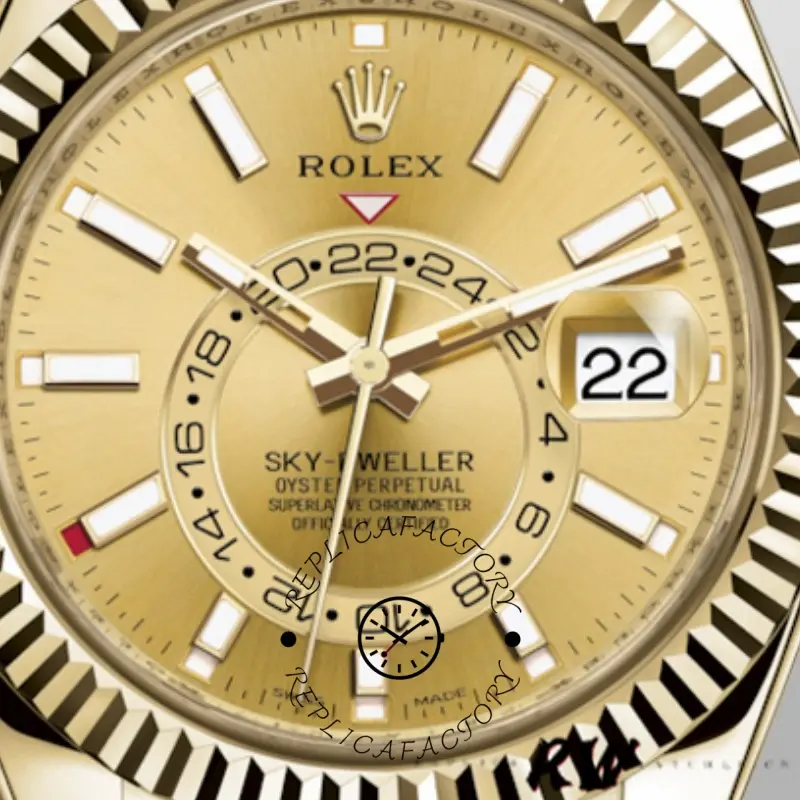Rolex Sky-Dweller 326138, close-up of champagne dial with date window and off-center 24-hour disc.