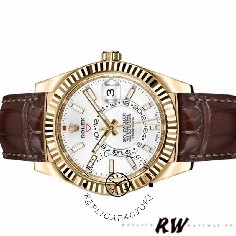 Full watch view of Rolex Sky-Dweller 326138 on brown leather strap, white dial and yellow gold fluted bezel.