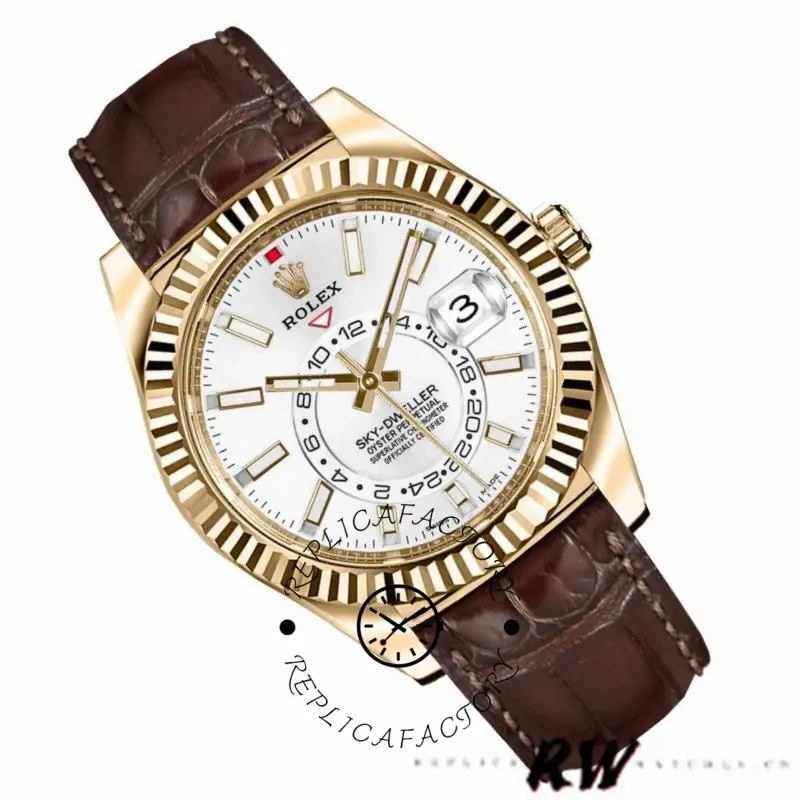 Angled front view of Rolex Sky-Dweller 326138, highlighting the gold fluted bezel and white dial layout.