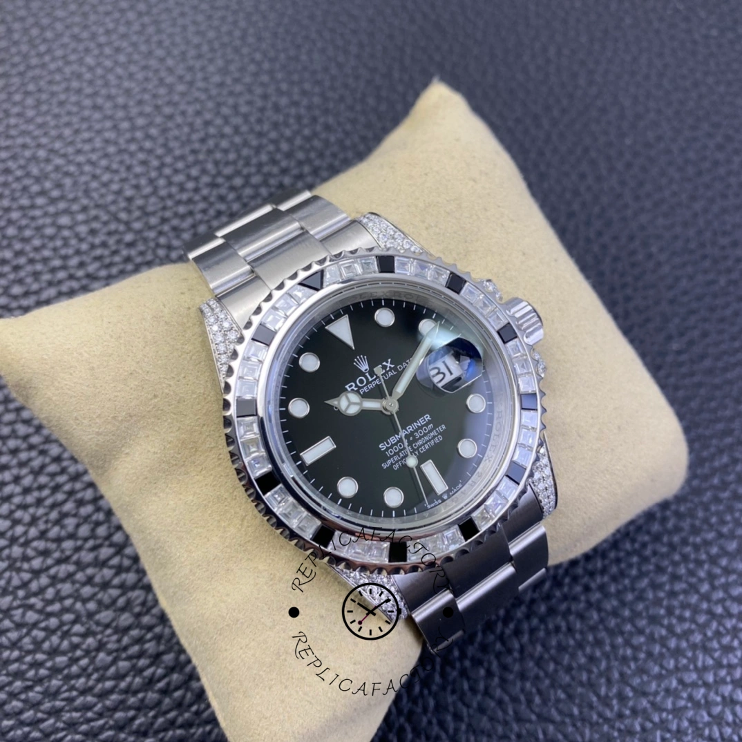 Rolex Submariner 116610, angled close view emphasizing the black dial markers and hands.