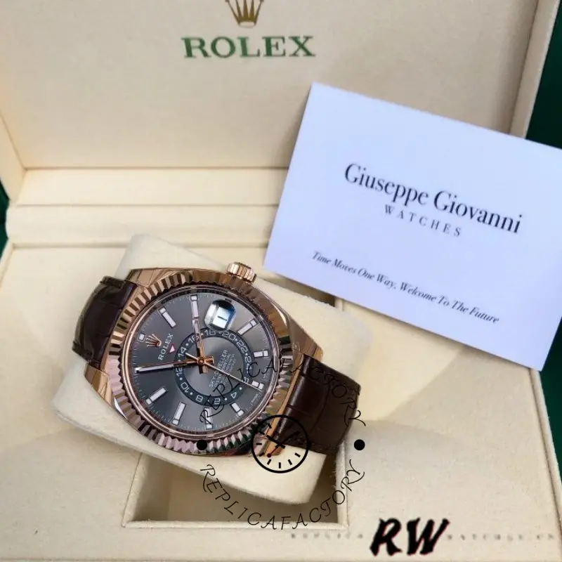 Full set view of the Rolex Sky-Dweller 326135 with card, showing watch on brown strap.