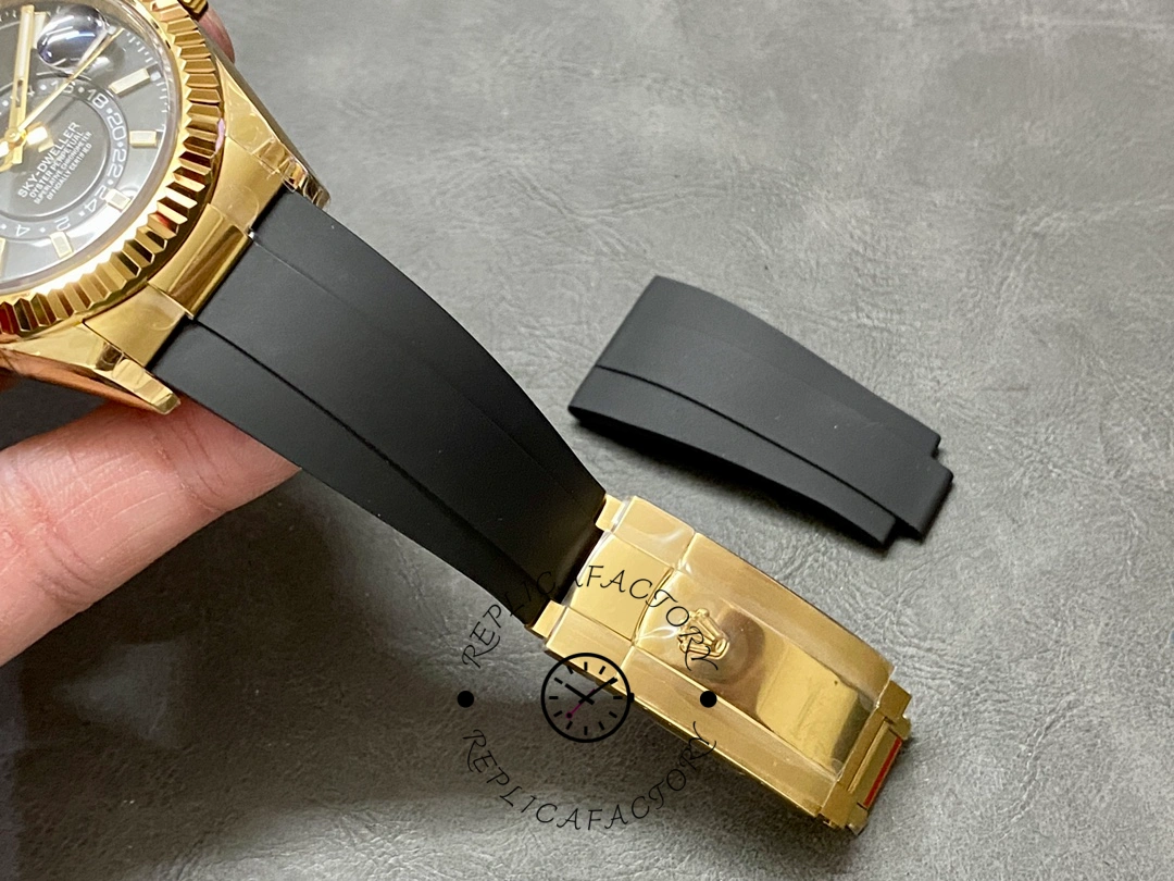 Strap buckle view of the Rolex Sky-Dweller m336238 0002 showing clasp hardware and strap end.