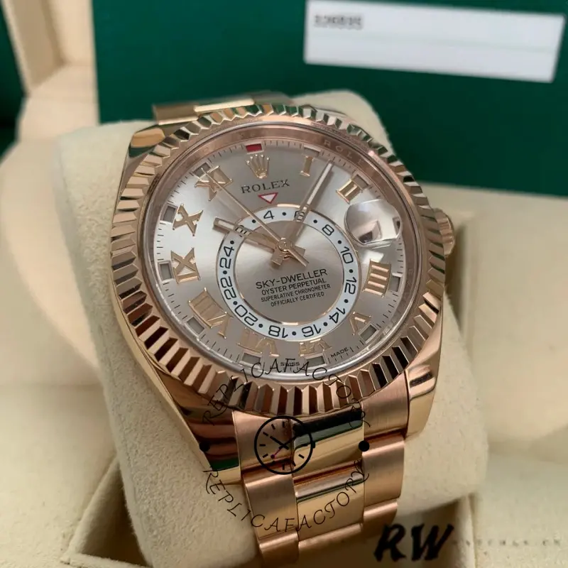 Rolex Sky-Dweller 326935, angled close-up highlighting the fluted bezel and sundust Roman dial.