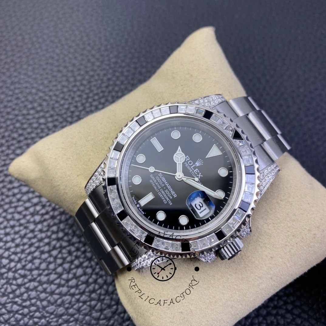 Rolex Submariner 116610, front view on cushion with black dial and diamond-set case.