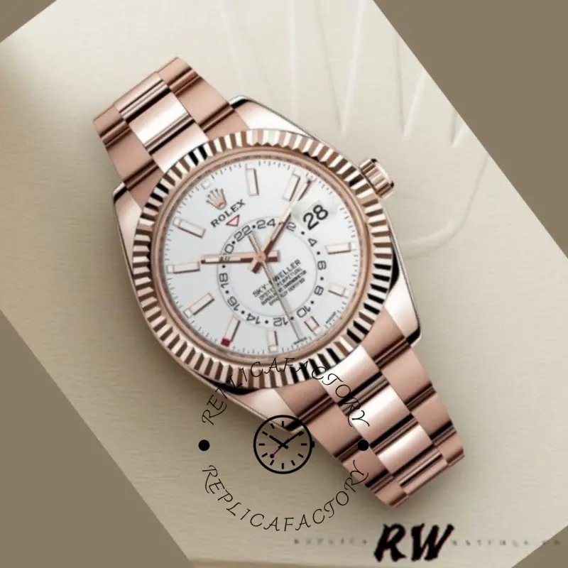 Angled view of the Rolex Sky-Dweller 326935 showing white dial and rose gold bracelet links.