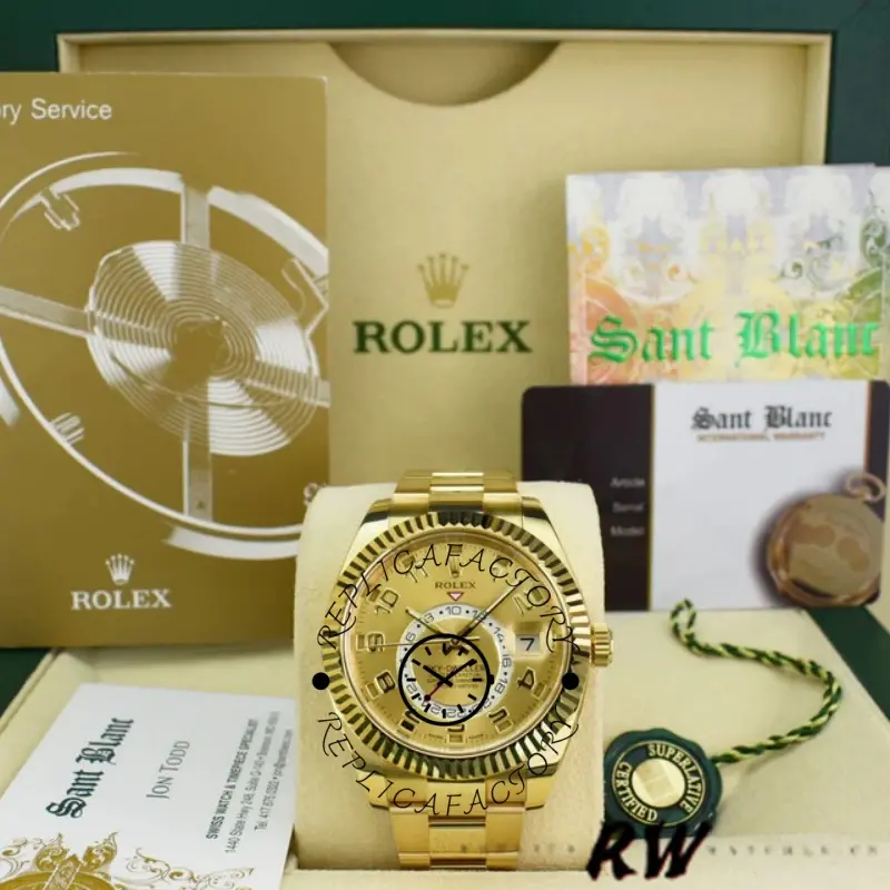Rolex Sky-Dweller 326938 Yellow Gold Champagne Arabic Dial 42mm Mens Replica Watch