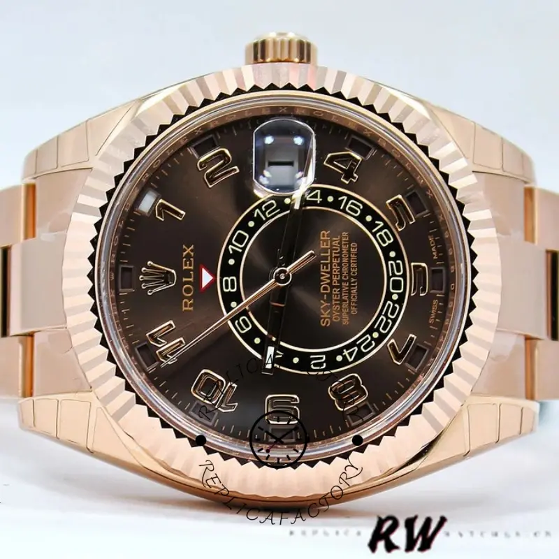 Studio shot of Rolex Sky-Dweller 326935, Everose gold case and bracelet, chocolate Arabic dial.