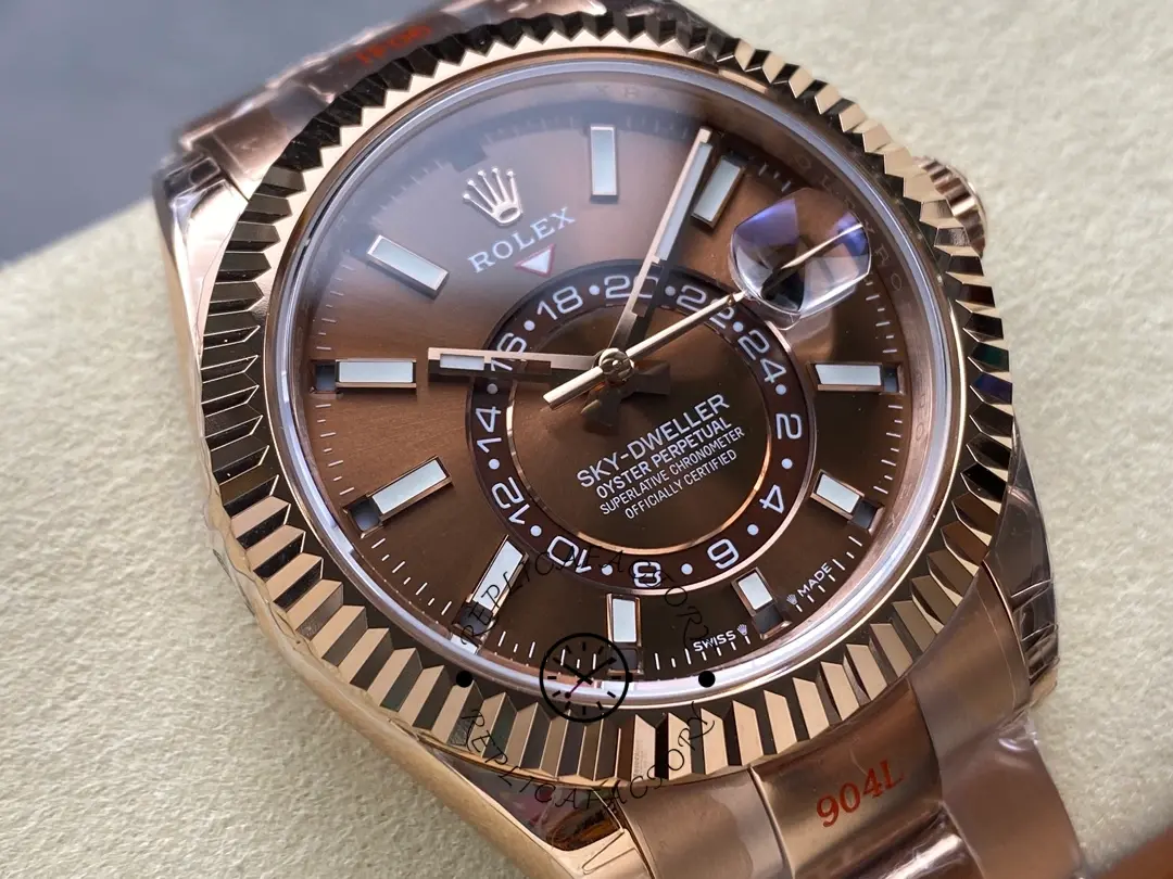 Rolex Sky-Dweller 336935 0002, angled front close-up, showing hands, markers, and bezel.