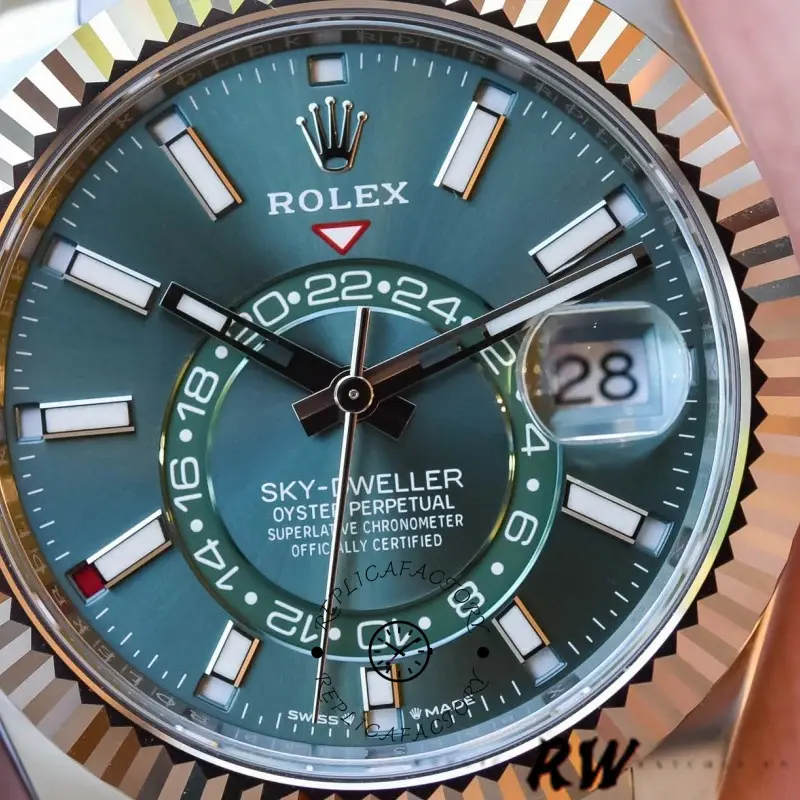 Dial close-up of the Rolex Sky-Dweller 336934 highlighting the green dial and dual time display.