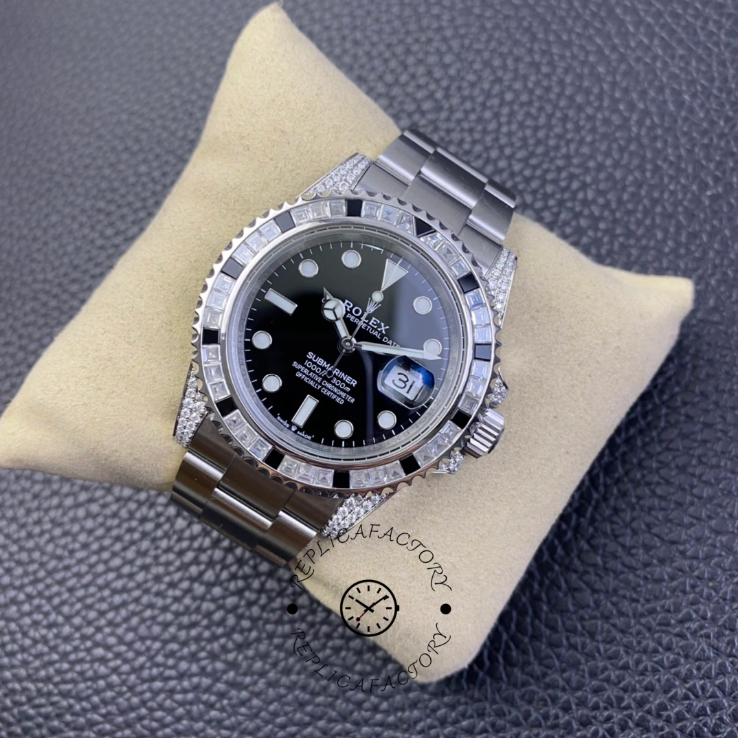 Rolex Submariner 116610, side-tilt view on cushion showing case profile and bezel edge.
