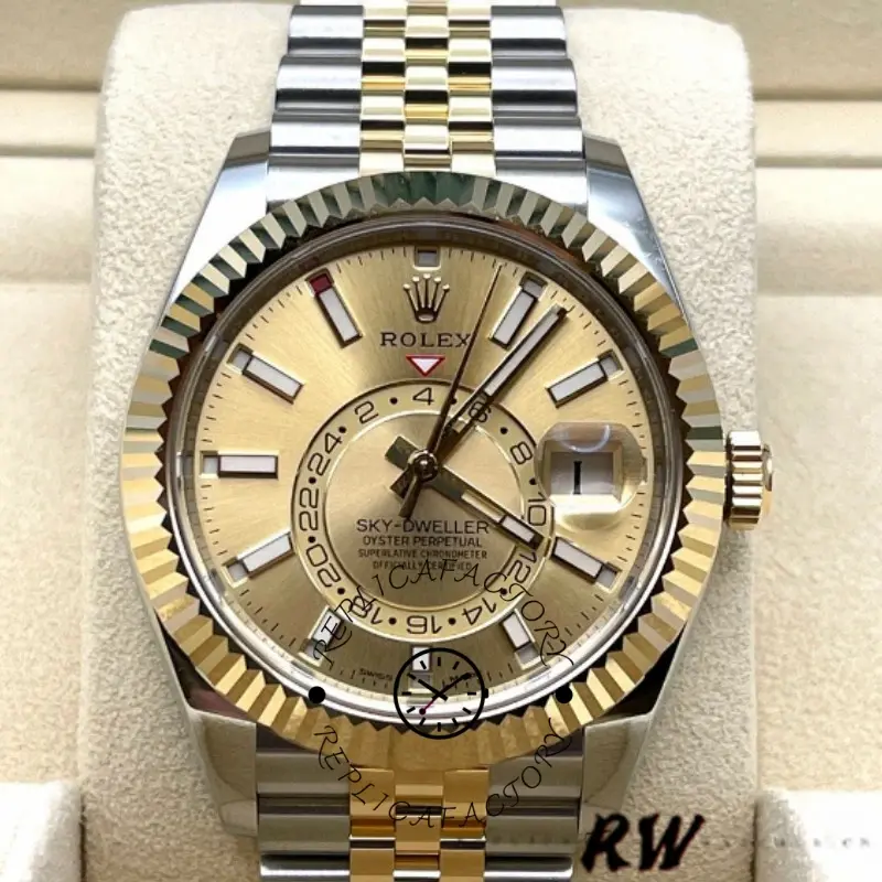 Rolex Sky-Dweller 326933 Stainless Steel Yellow Gold Champagne Dial 42MM Mens Replica Watch