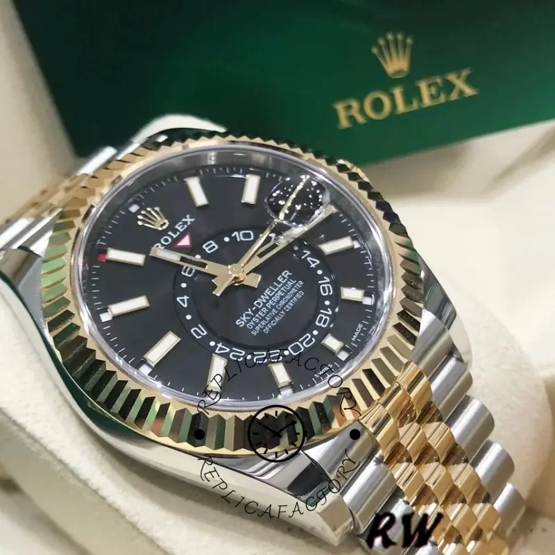 Rolex Sky-Dweller 326933 Stainless Steel Yellow Gold Black Dial 42MM Mens Replica Watch