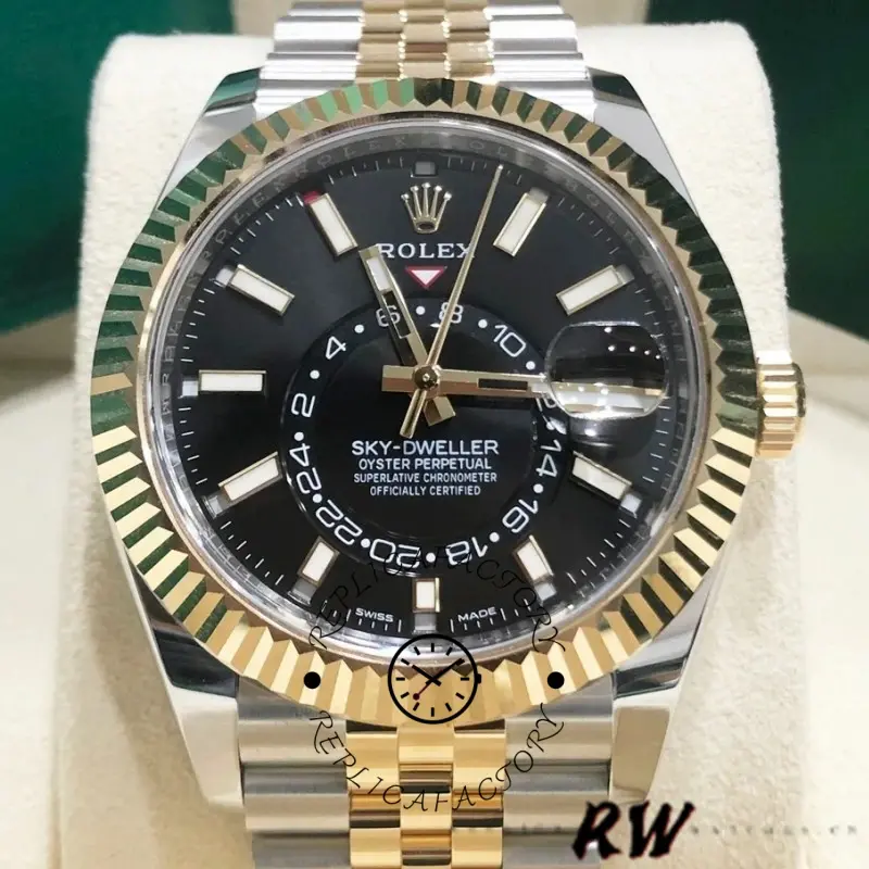 Rolex Sky-Dweller 326933 Stainless Steel Yellow Gold Black Dial 42MM Mens Replica Watch