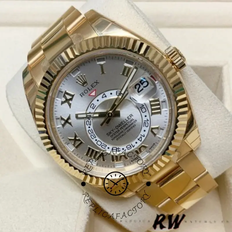 Rolex Sky-Dweller 326938 Yellow Gold Silver Dial 42mm Mens Replica Watch