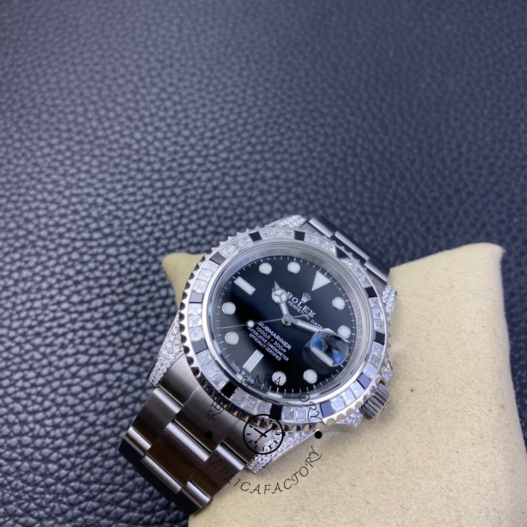 Rolex Submariner 116610, closer front view showing bezel numerals and diamond case detail.