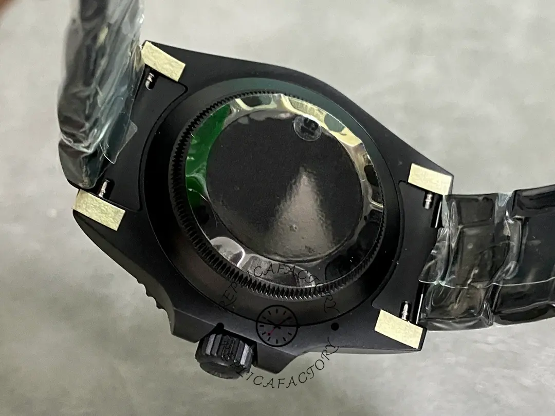 Rolex Submariner 116610, caseback view with black PVD/DLC finish.