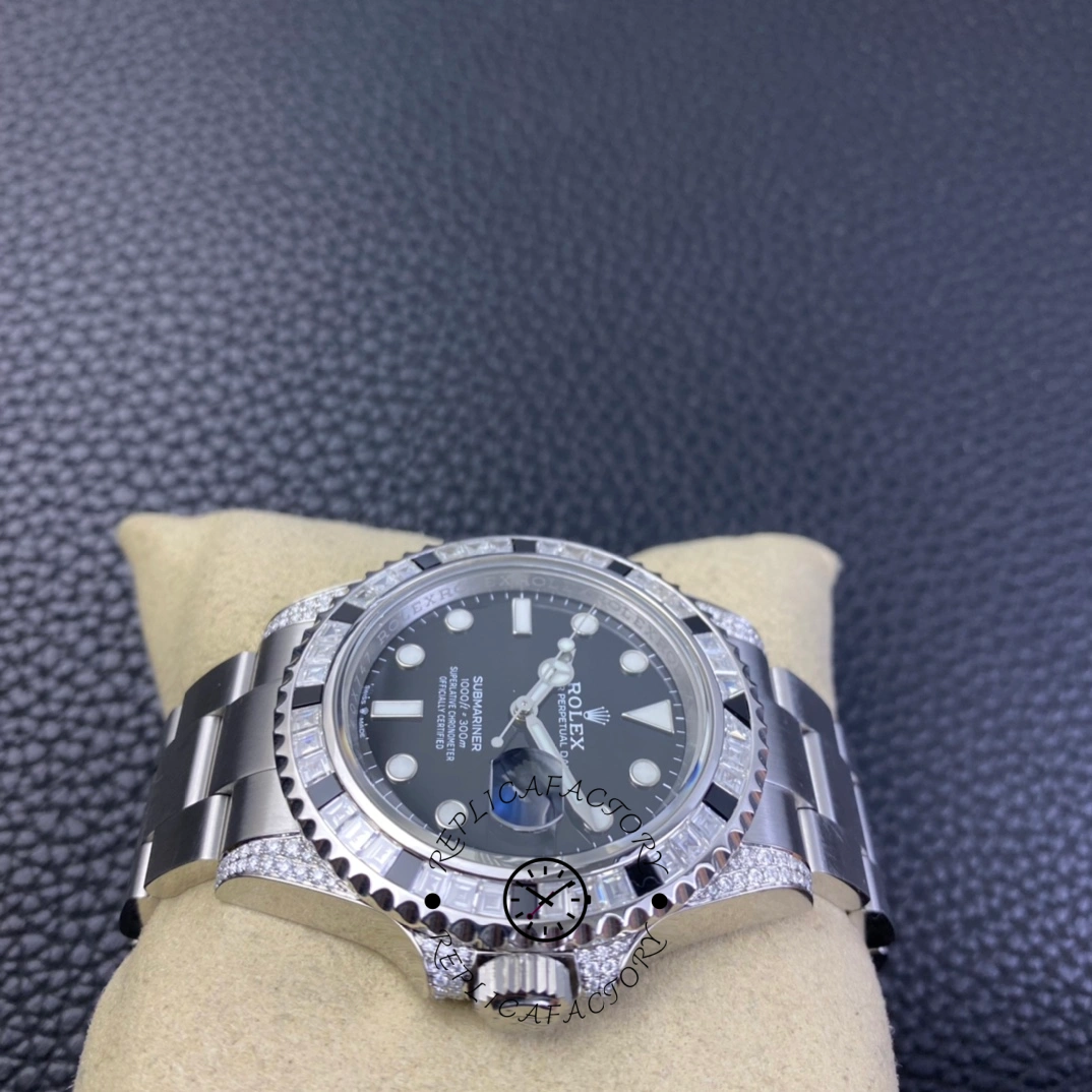 Rolex Submariner 116610, close front view showing diamond-set case and bezel alignment.