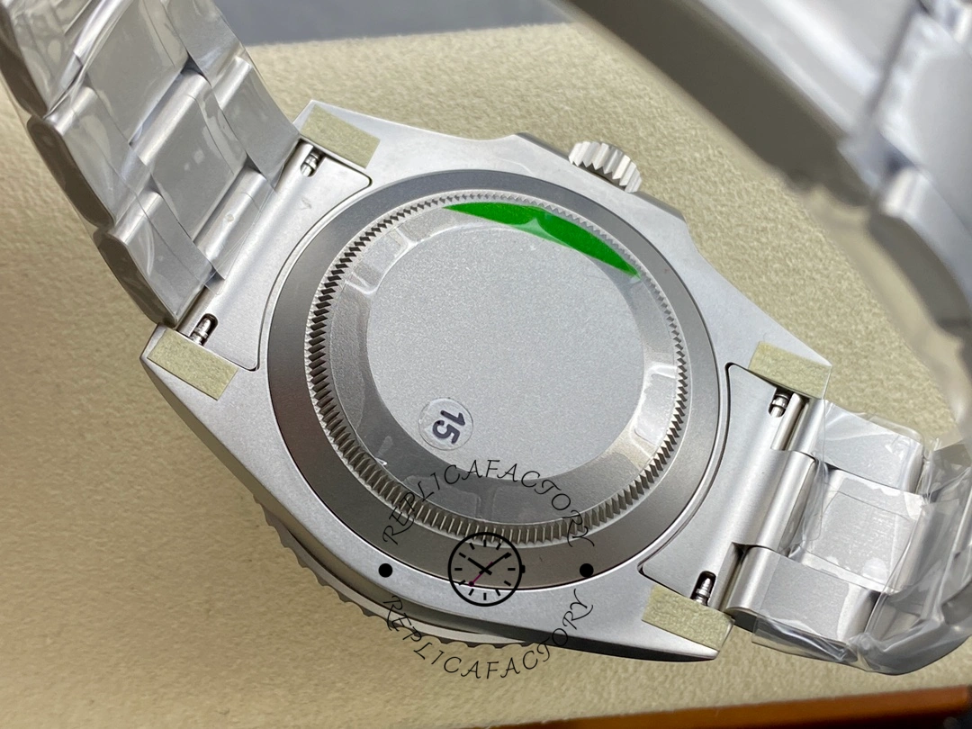 Caseback view of the Rolex DIW Submariner Date 116610 showing solid back and bracelet end links.