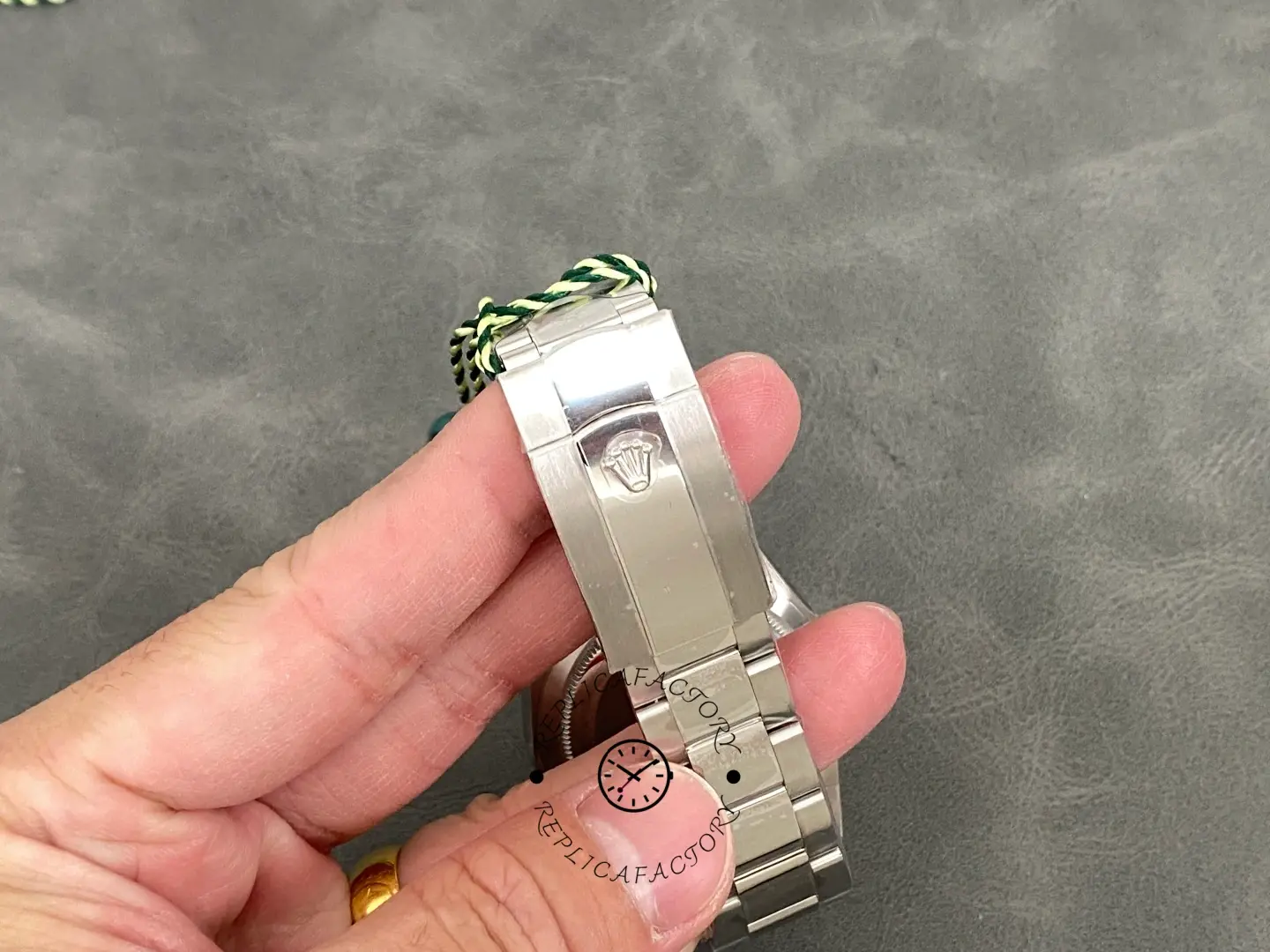 Clasp detail of the Rolex Sky-Dweller 336934 Oyster bracelet with engraved Rolex crown.