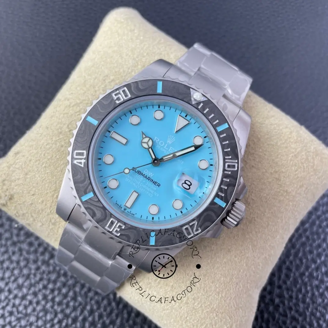 Rolex Submariner DIWF 116610 front angled shot showing ice blue dial and luminous markers.