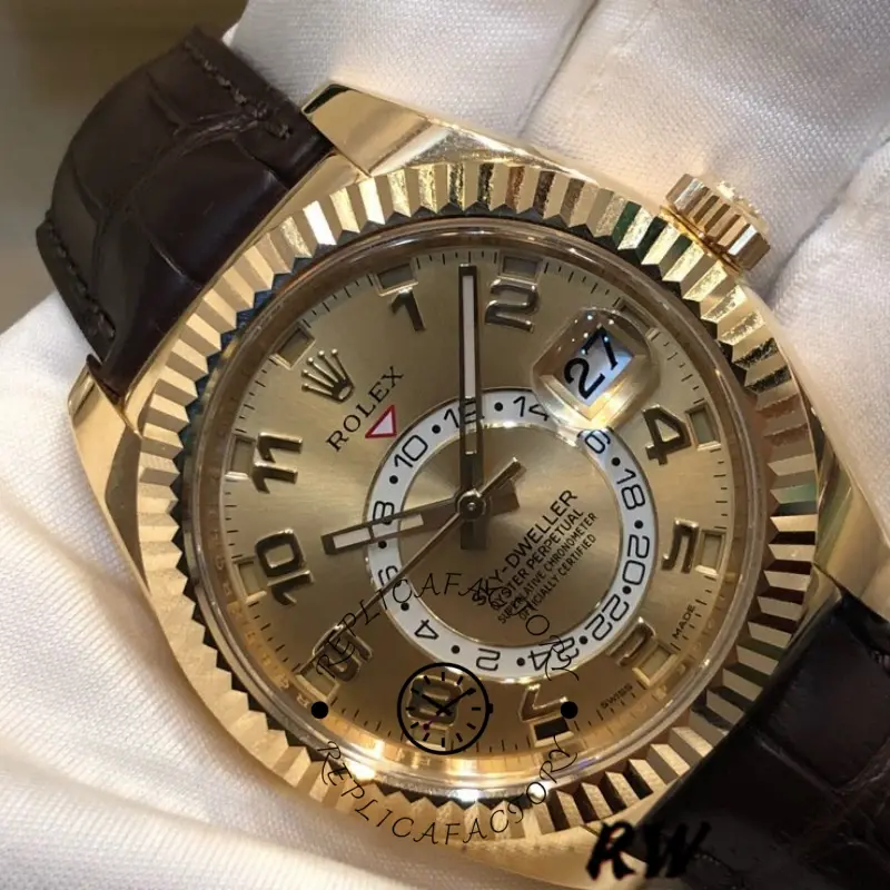 Angled close-up of the Rolex Sky-Dweller 326138 showing champagne dial and fluted bezel teeth.