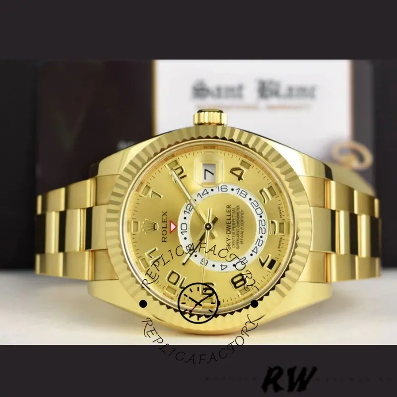 Rolex Sky-Dweller 326938 Yellow Gold Champagne Arabic Dial 42mm Mens Replica Watch