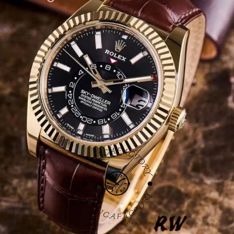 Rolex Sky-Dweller 326138 Black Dial Yellow Gold 42MM Mens Replica Watch