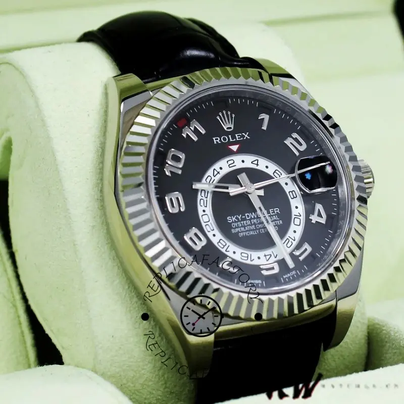 Rolex Sky-Dweller 326139, angled view showing fluted bezel and black dial layout.