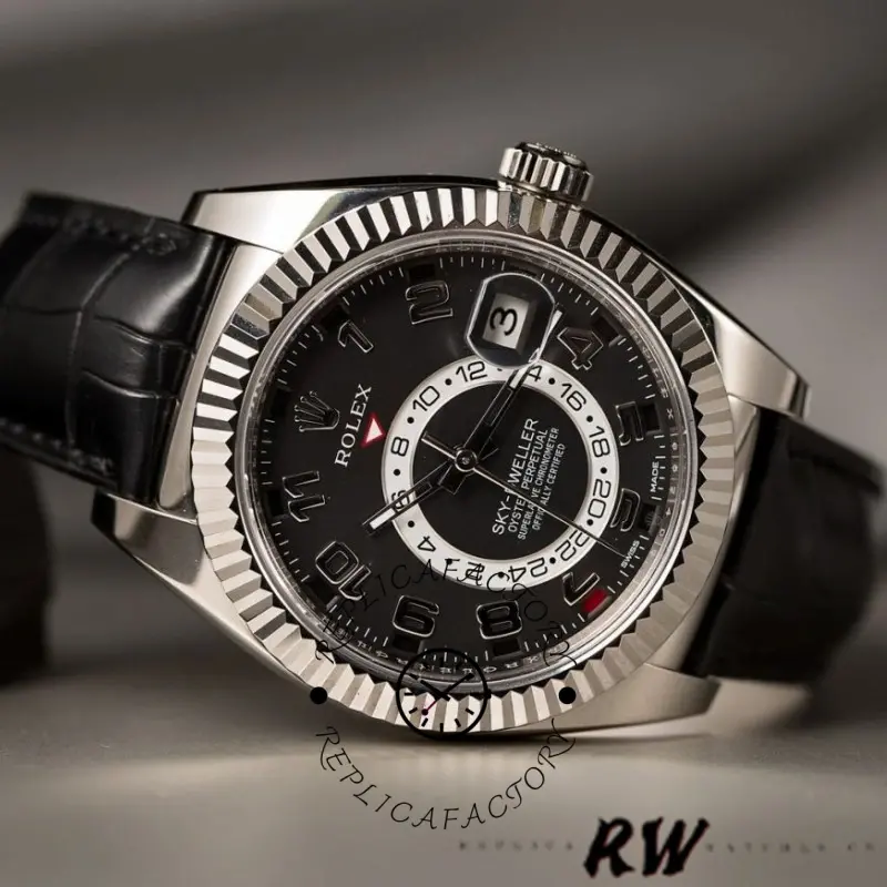 Rolex Sky-Dweller 326139, front view showing black dial details and fluted bezel.