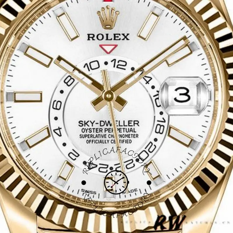 Close-up of Rolex Sky-Dweller 326138 white dial, showing fluted bezel, date window, and annual calendar markers.