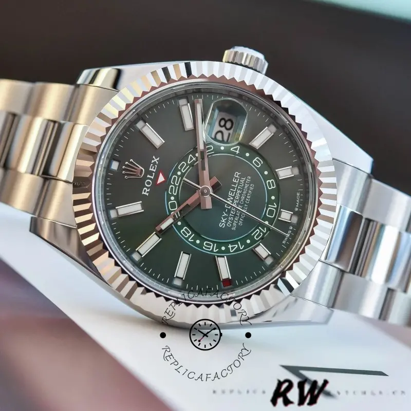 Front view of the Rolex Sky-Dweller 336934 on Oyster bracelet with green dial.