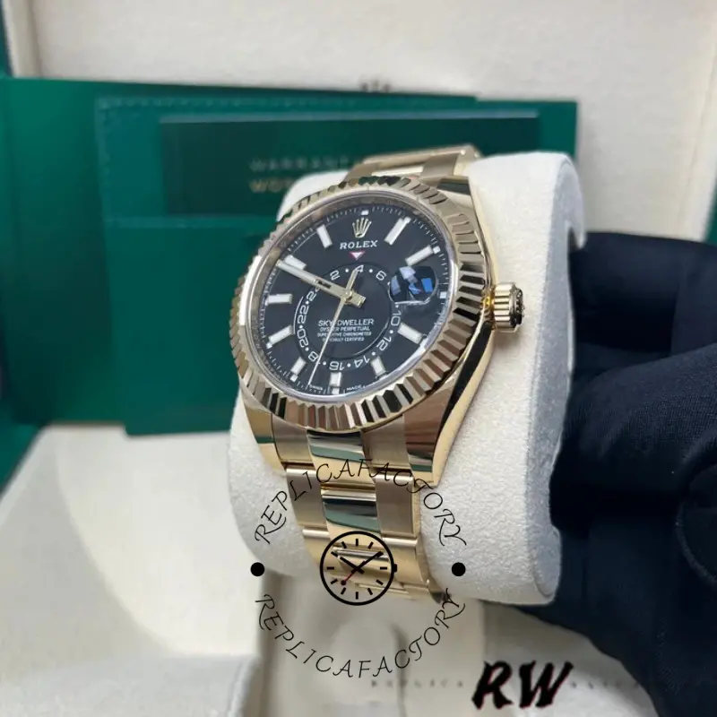 Rolex Sky-Dweller 326938 Yellow Gold Black Dial 42mm Mens Replica Watch
