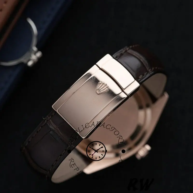 Caseback view of Rolex Sky-Dweller 326138, showing smooth back and brown leather strap underside.