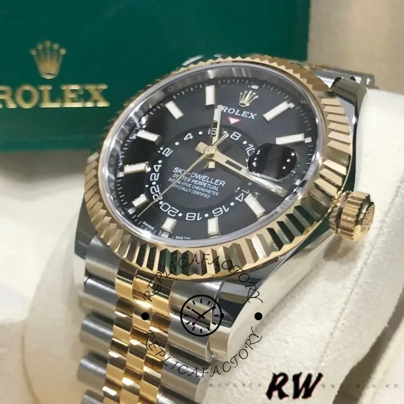 Rolex Sky-Dweller 326933 Stainless Steel Yellow Gold Black Dial 42MM Mens Replica Watch