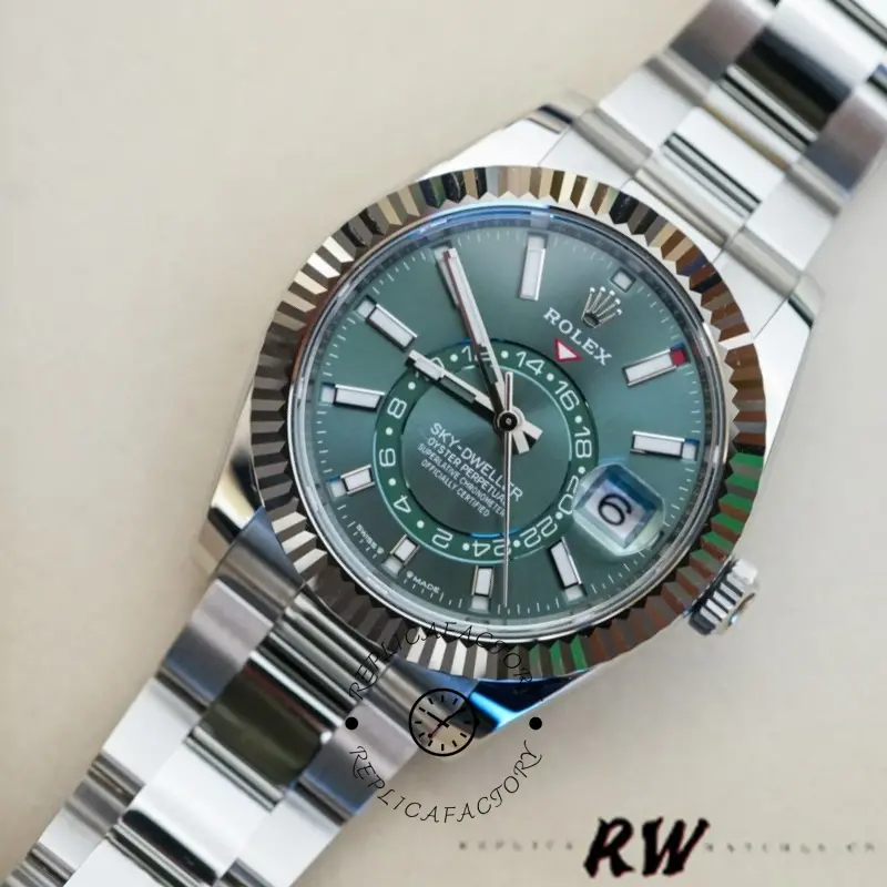 Three-quarter view of the Rolex Sky-Dweller 336934 showing fluted bezel and green dial.