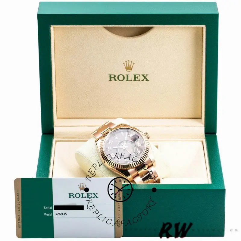 Rolex Sky-Dweller 326935 in green box, showing Everose gold watch and presentation set.