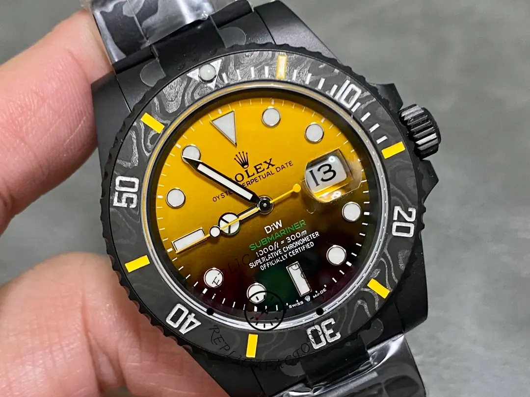 Rolex Submariner 116610, carbon-fiber bezel and yellow dial, angled close-up.