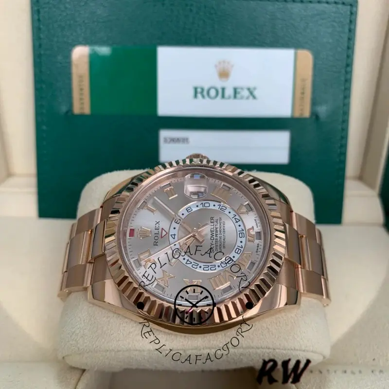 Rolex Sky-Dweller 326935, dial close-up with Roman numerals and off-center 24-hour disc.
