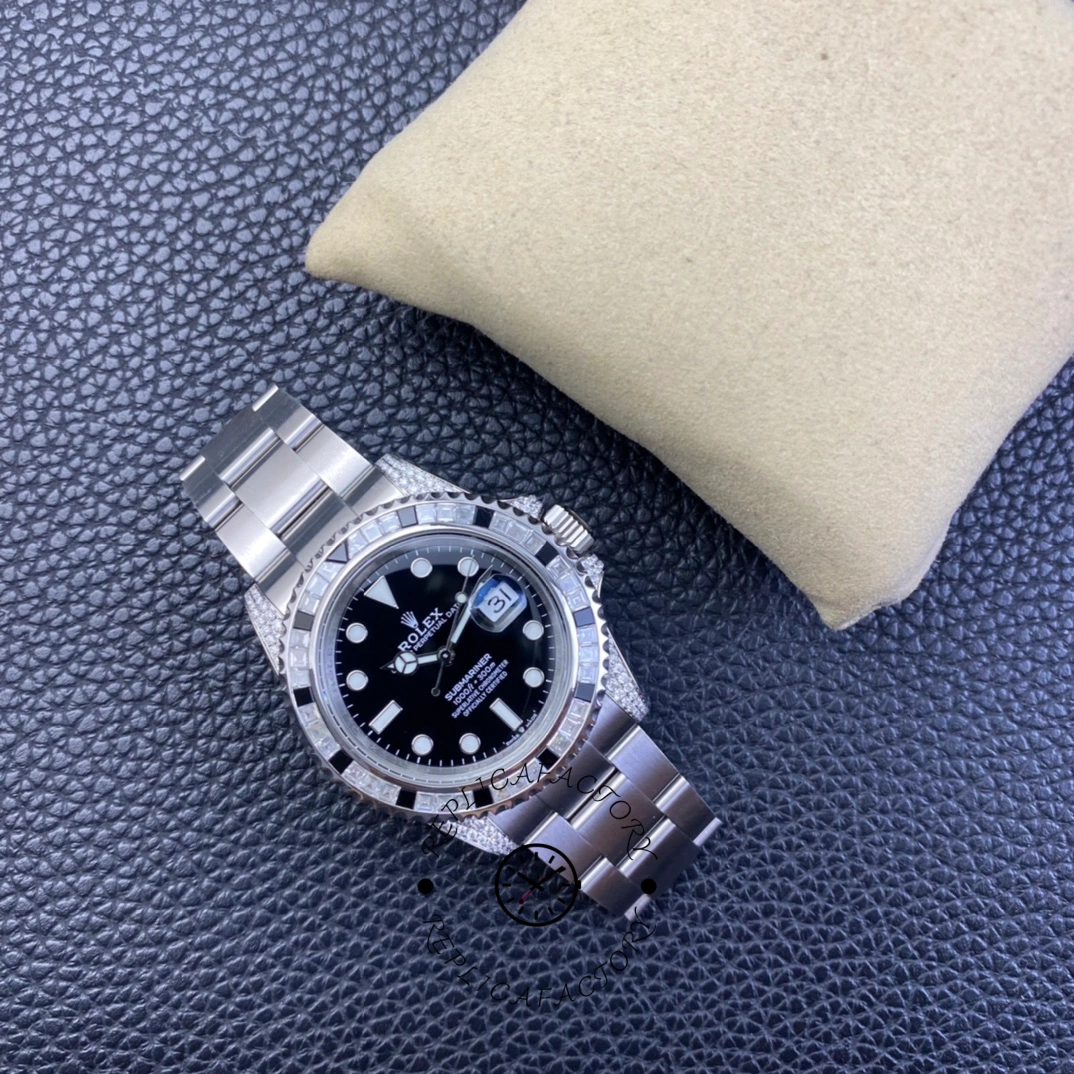 Rolex Submariner 116610, top view with cushion background showing full dial layout.