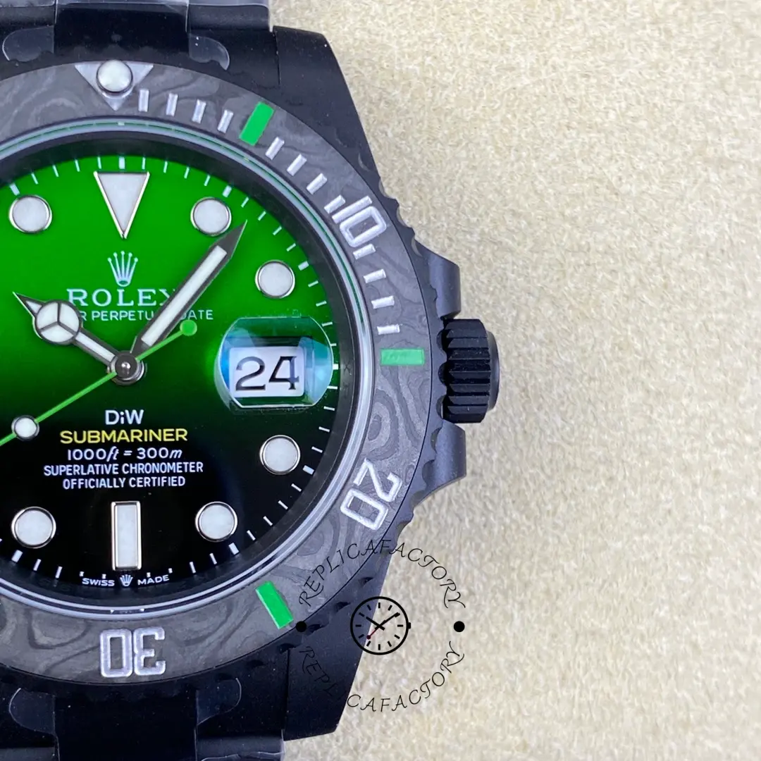 Dial close-up of Rolex Submariner 116610LV showing green dial, Mercedes hands, and carbon bezel scale.