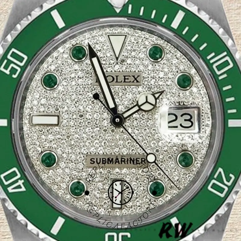 Rolex Submariner 116610, close-up of diamond pavé dial, date window, green bezel markers.